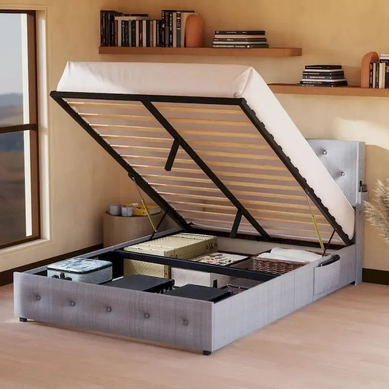 Light Gray Full Size Upholstered Gas Lift Storage Bed Frame, For 1 Person